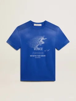 Fashion Camiseta de algodão azul com imagem Marathon na frente Camisetas
