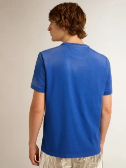 Fashion Camiseta de algodão azul com imagem Marathon na frente Camisetas