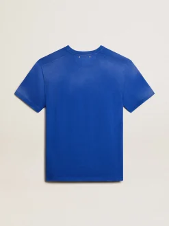 Fashion Camiseta de algodão azul com imagem Marathon na frente Camisetas