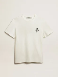 Fashion Camiseta de algodão branco com flor estampada na frente Beachwear|Camisetas