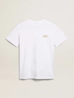 Flash Sale Camiseta feminina branca com logo e estrela de glitter dourado MULHER Camisetas
