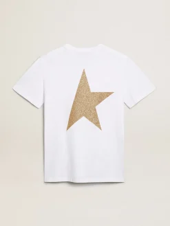 Flash Sale Camiseta feminina branca com logo e estrela de glitter dourado MULHER Camisetas