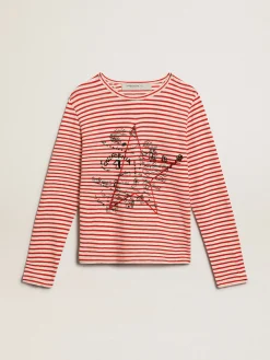Store Camiseta feminina com listras brancas e vermelhas e bordado na frente MULHER Camisetas