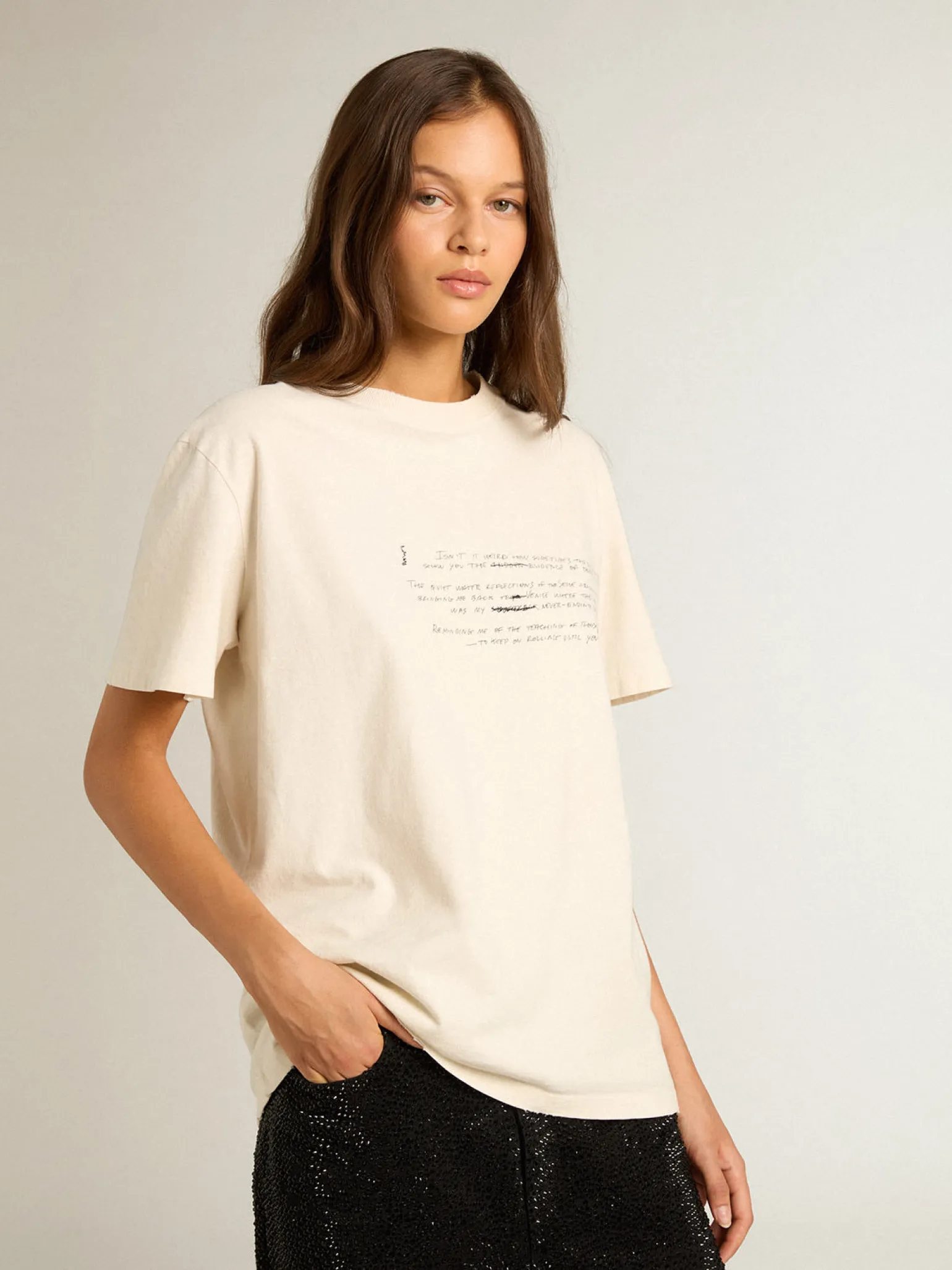 Discount Camiseta feminina de algodão branco usado com escrita bordada MULHER Camisetas