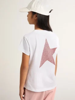 Best Camiseta infantil feminina branca com logo e maxi estrela de glitter rosa Roupas de cima (4-12 years)