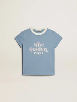 Fashion Camiseta infantil feminina de algodão azul com estampa com cristais Roupas de cima (4-12 years)