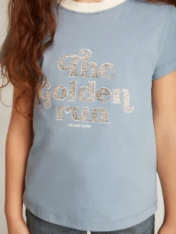 Fashion Camiseta infantil feminina de algodão azul com estampa com cristais Roupas de cima (4-12 years)
