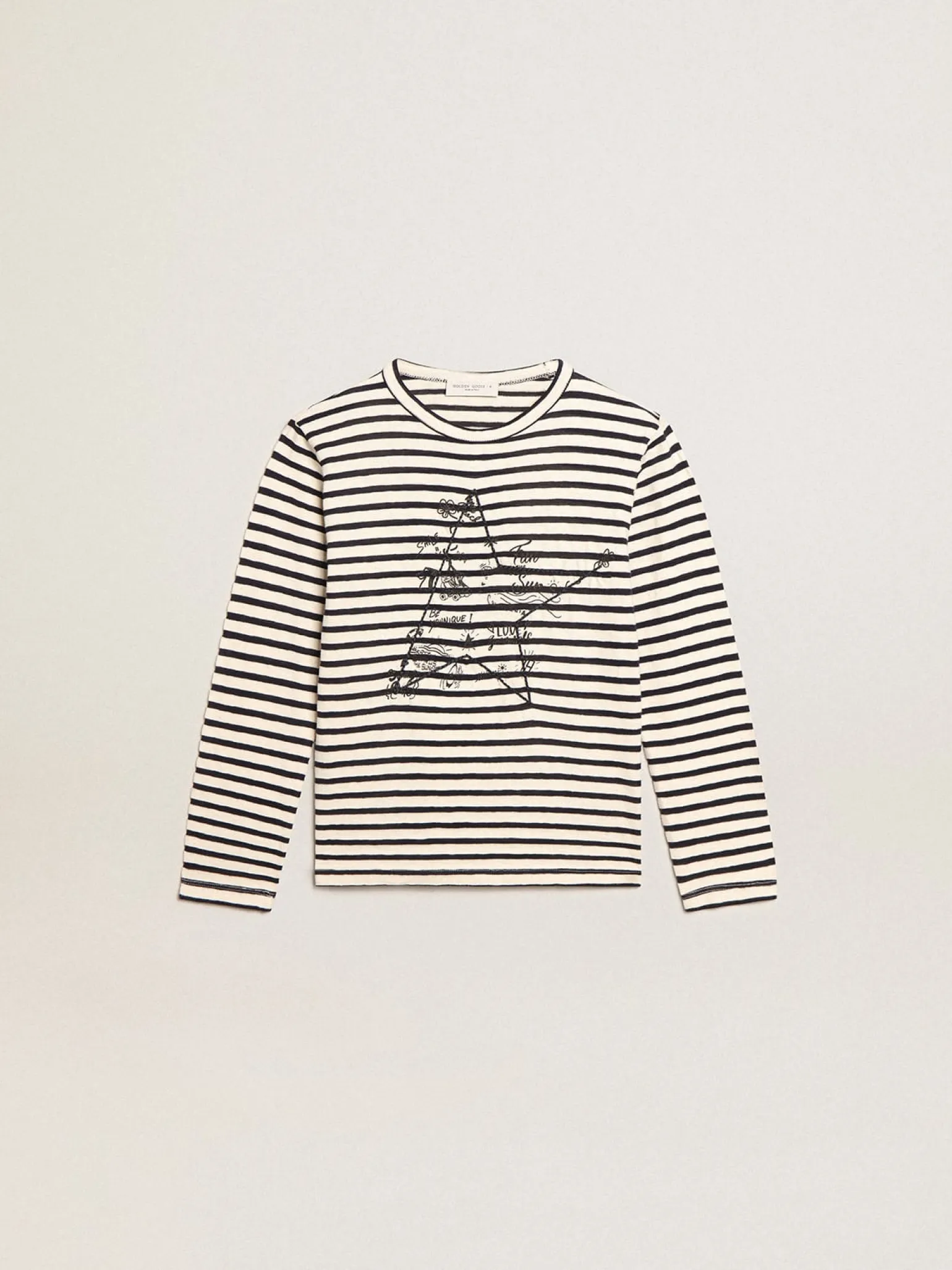 Flash Sale Camiseta infantil masculina com listras brancas e azuis e bordado Roupas de cima (4-12 years)
