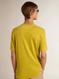New Camiseta masculina de linho amarelo milho Camisetas
