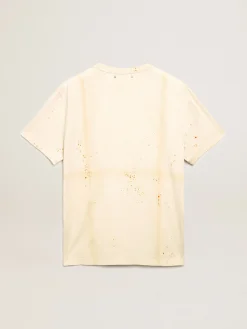 Fashion Camiseta masculina marfim com inscrição e detalhes desgastados Camisetas