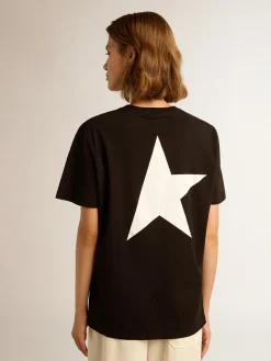 Flash Sale Camiseta preta Coleção Star com logo e estrela brancos em contraste MULHER Camisetas