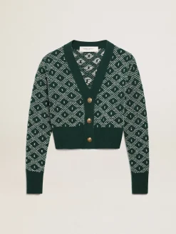 Cheap Cardigã cropped feminino com jacquard em losangos verde e branco MULHER Malhas