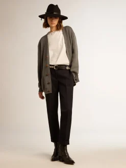 New Cardigã feminino de algodão cinza mescla com logo nas costas MULHER Malhas