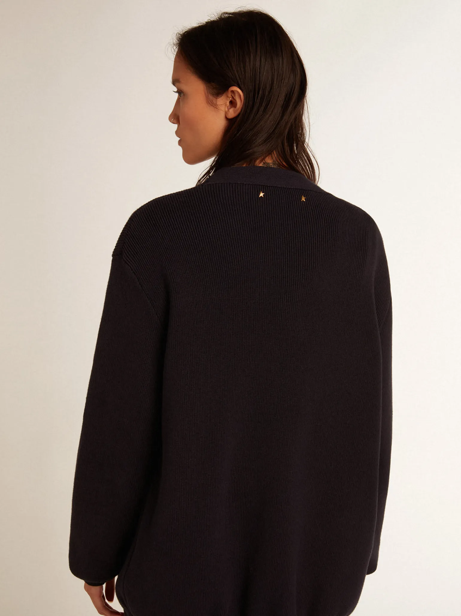 Fashion Cardigã feminino de algodão azul-escuro com tratamento desgastado MULHER Malhas