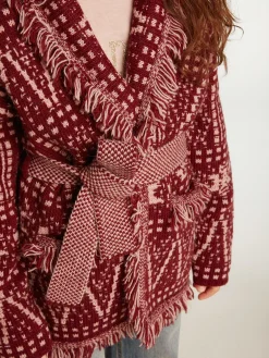 Online Cardigã infantil feminino com cinto e estampa fair isle bordô Roupas de cima (4-12 years)