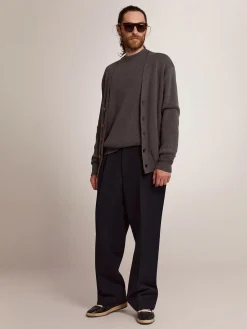 Flash Sale Cardigã masculino de algodão cinza mescla com logo nas costas Malhas