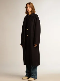 Store Casaco feminino de abotoamento simples tipo cocoon de lã azul-escuro com botões dourados MULHER Casacos e blusões