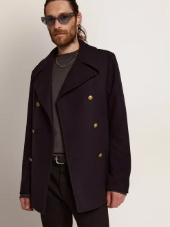 Cheap Casaco masculino de abotoamento duplo de lã azul-escura e botões dourados Casacos e blusões