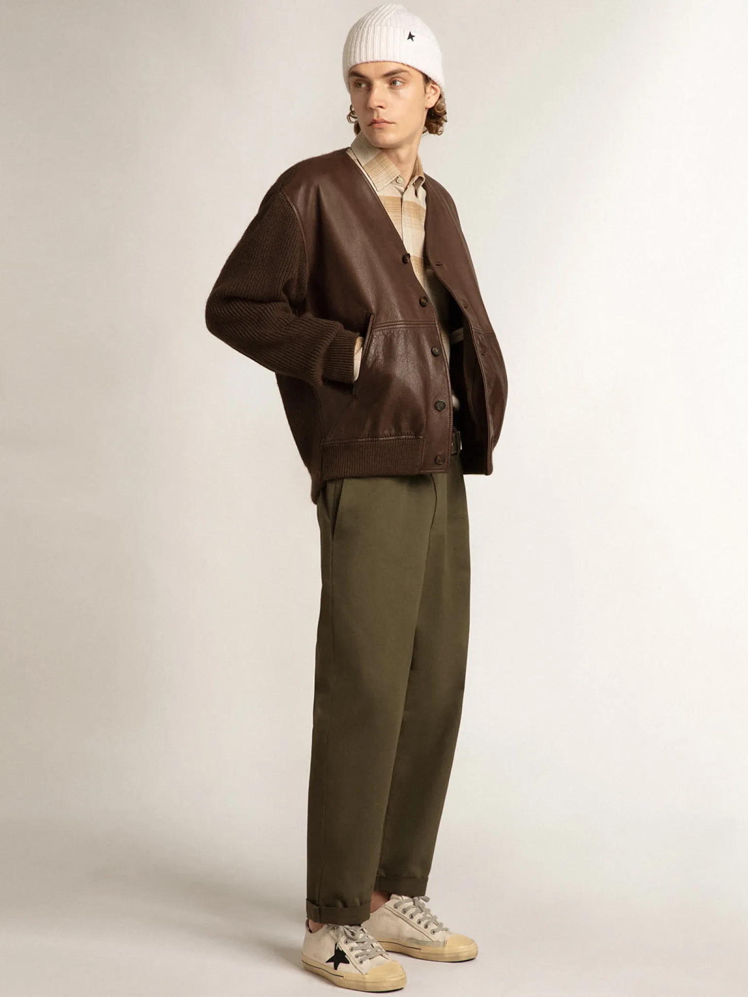 Cheap -colored leather and knit V-neck cardigan Casacos e blusões