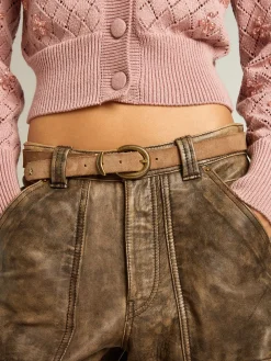 Best Sale Cinto de couro nubuk cinza com fivela dourada MULHER Cintos