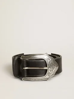 Clearance Cinto feminino de couro preto com decorações prateadas MULHER Cintos