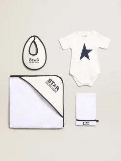 Store Conjunto de presente branco com logo azul Recem-Nascidos