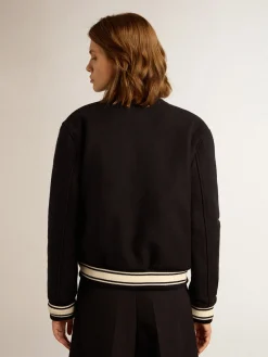 Best Jaqueta bomber feminina de lã azul-escura com detalhes brancos MULHER Casacos e blusões