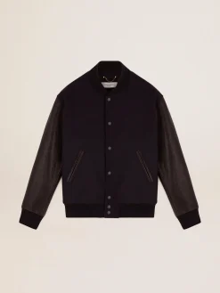 Shop Jaqueta bomber masculina de lã azul-escura e mangas de couro Casacos e blusões