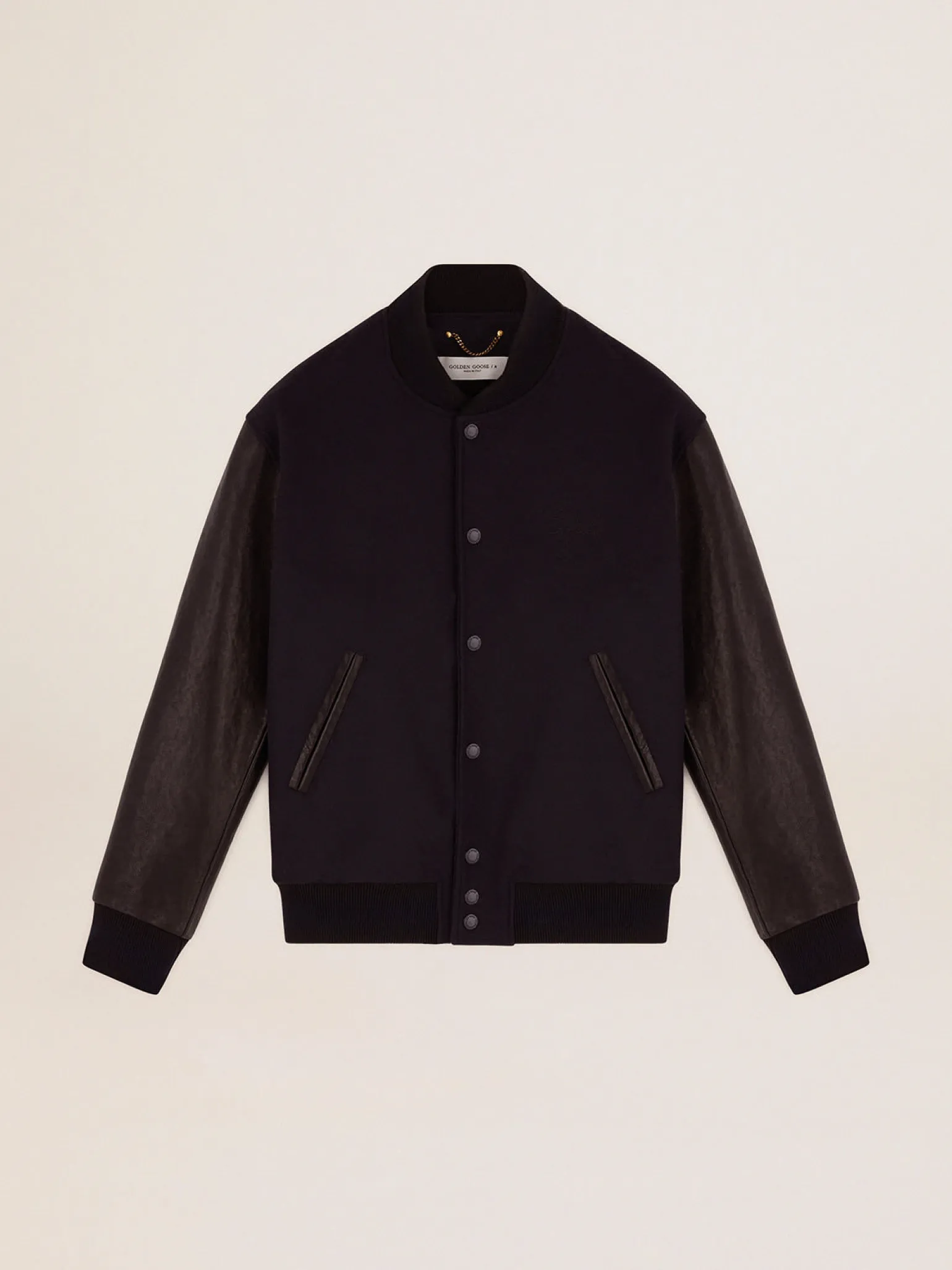Shop Jaqueta bomber masculina de lã azul-escura e mangas de couro Casacos e blusões
