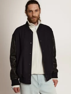 Shop Jaqueta bomber masculina de lã azul-escura e mangas de couro Casacos e blusões