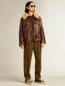 Cheap Jaqueta cor de madeira com gola de shearling removível MULHER Casacos e blusões