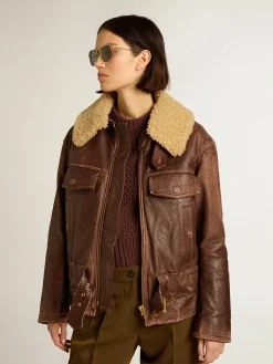 Cheap Jaqueta cor de madeira com gola de shearling removível MULHER Casacos e blusões