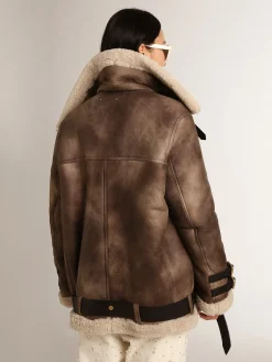 Discount Jaqueta feminina de couro com gola de shearling MULHER Casacos e blusões