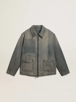Outlet Jaqueta jeans masculina com listras e remendos na frente Casacos e blusões