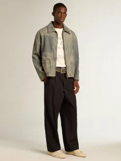 Outlet Jaqueta jeans masculina com listras e remendos na frente Casacos e blusões