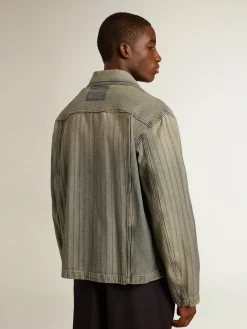 Outlet Jaqueta jeans masculina com listras e remendos na frente Casacos e blusões