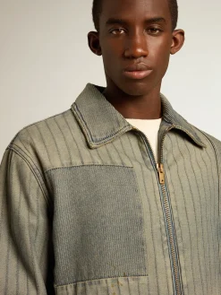 Outlet Jaqueta jeans masculina com listras e remendos na frente Casacos e blusões
