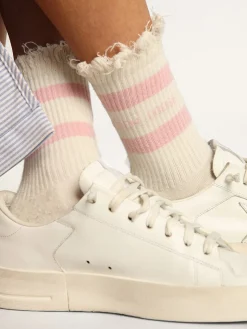 Best Meias brancas com tratamento desgastado com logo e listras rosa bebê MULHER Meias|Meias