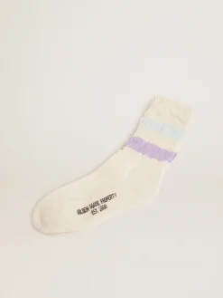 Store Meias brancas com tratamento desgastado com listras lilás e azul bebê MULHER Meias|Meias