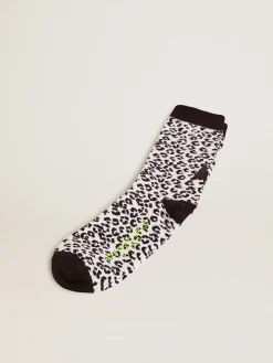 Fashion Meias branco e preto com estampa de leopardo e estrela preta na parte de trás MULHER Meias|Meias