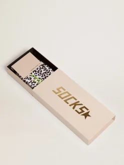 Fashion Meias branco e preto com estampa de leopardo e estrela preta na parte de trás MULHER Meias|Meias