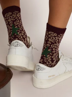 Best Meias com estampa animal print com fundo amora e detalhes verde militar MULHER Meias|Meias