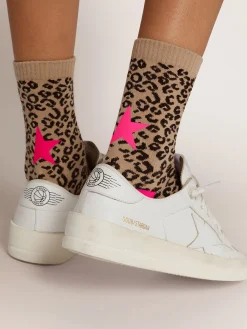 Hot Meias com estampa animal print e fundo areia com detalhes fúcsia MULHER Meias|Meias