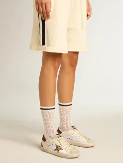 Online Meias compridas branco vintage caneladas com listra preta MULHER Meias|Meias