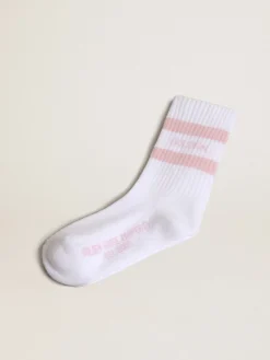 Cheap Meias de algodão branco com listras rosa e logo Bottoms (4-12 years)|Bottoms (4-12 years)