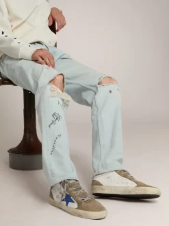Flash Sale Mid Star masculino de couro branco com estrela azul e inserções havana-rosado Mid Star
