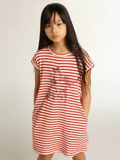 Flash Sale Minivestido com listras brancas e vermelhas e bordado na frente Roupas de cima (4-12 years)
