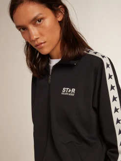 Store Moletom azul-escuro com zíper e fita branca e estrelas em contraste MULHER Moletons