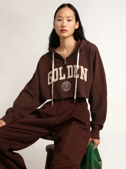 Sale Moletom cropped com capuz Coleção Journey na cor marrom castanha com inscrição Golden branca em contraste MULHER Moletons