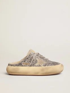 Fashion Mule Space-Star feminino em glitter prateado e forro de shearling MULHER Space-Star